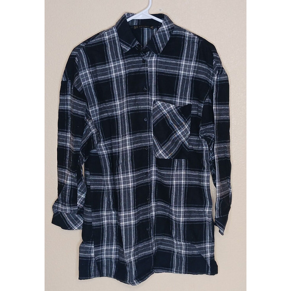 Zara Tops - ZARA Flannel Button Down Shirt Womens Size XS Black Plaid Long Sleeve Cotton